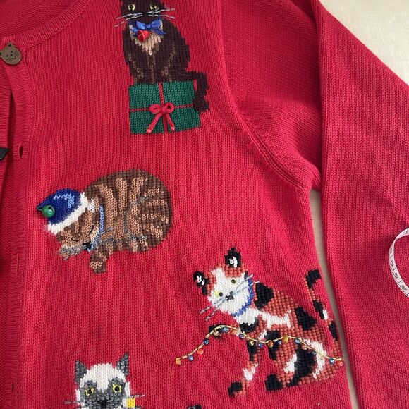 vintage marisa christina Red sweater Cat Bell Christmas M - Picture 10 of 14